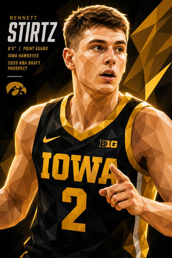 Stylized low-poly graphic of Bennett Stirtz in his Iowa Hawkeyes jersey, pointing forward