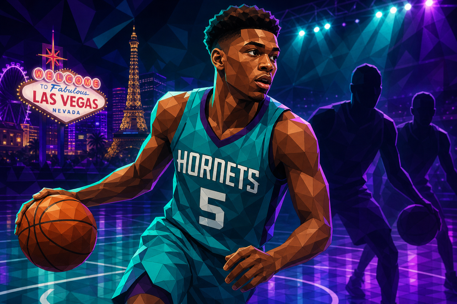 Low-poly illustration of a Hornets point guard dribbling on a Las Vegas Summer League court, with silhouetted figures in the background