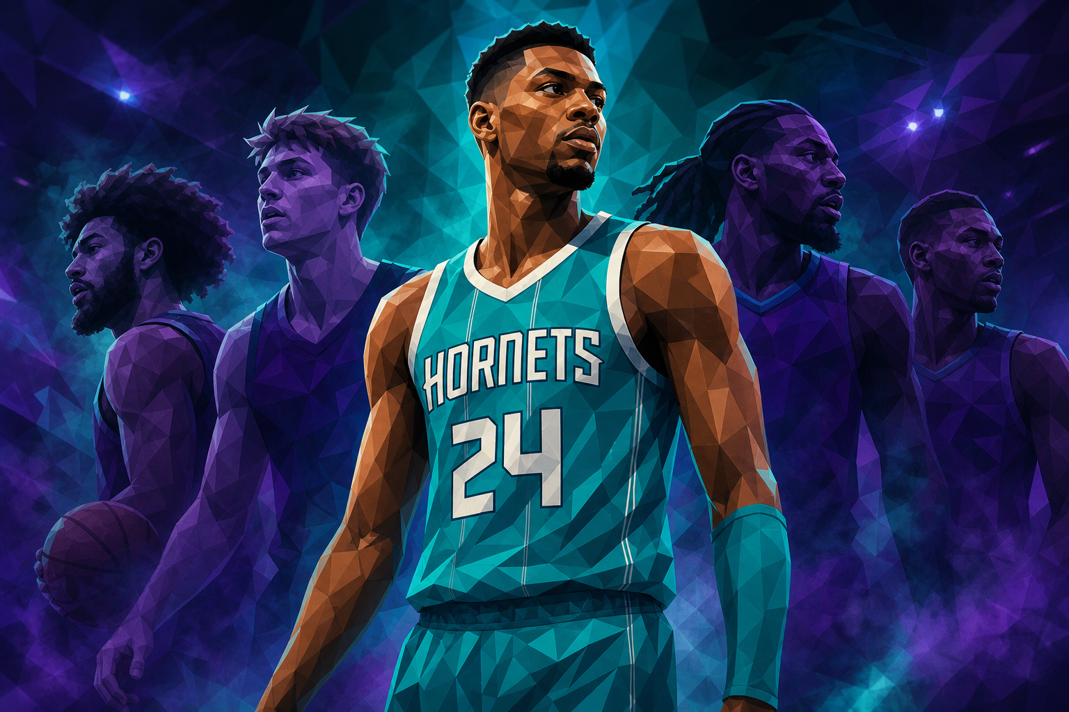 Editorial composite — Charlotte Hornets projected starting five for 2026-27