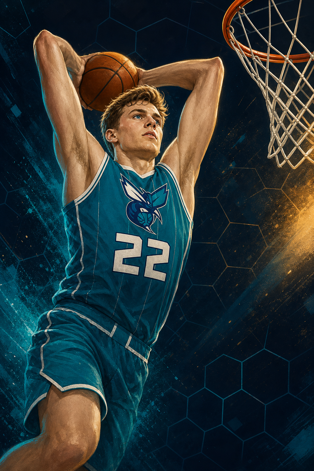 Editorial illustration of Hannes Steinbach — Charlotte Hornets 2026 first-round pick, power forward from University of Washington